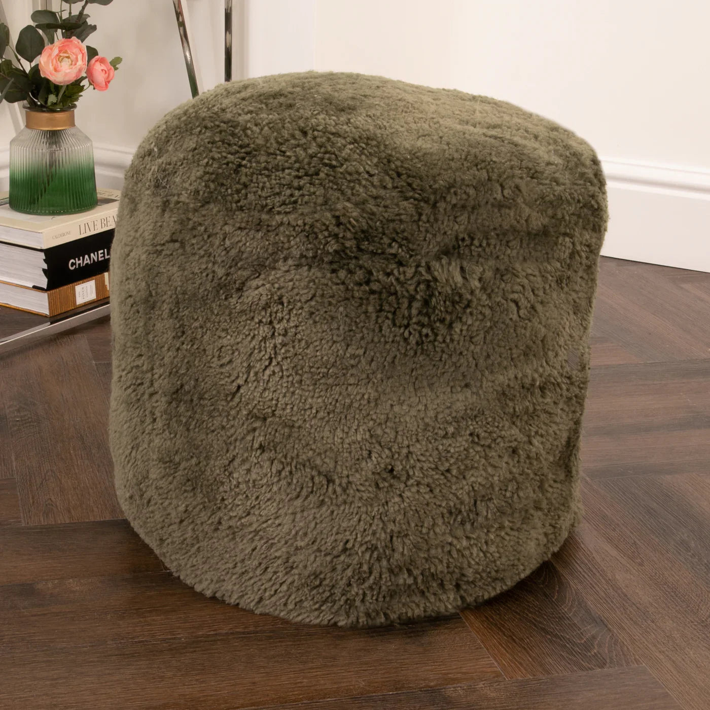 Short Pile Sheepskin Khaki Green Footstool Pouffe